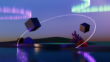 Wall Mural - 3d render, surreal landscape podium on dune with glowing neon circle and cube flying in the air over