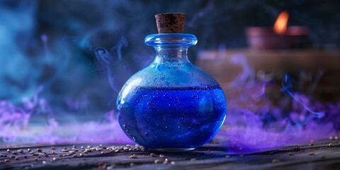 magic potion bottle on table, copy space