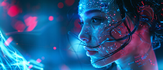 Portrait of a young woman with cyberpunk style and technology
