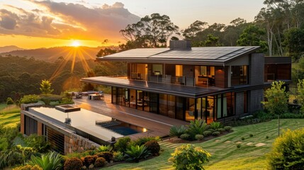 Eco Sunset Villa, Modern house with solar panels and pool at sunset surrounded by greenery, Sustainable Luxury