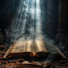 Wall Mural - Divine Illumination - Open Bible Radiating Clarity and Guidance in Dark Background