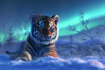 Wall Mural - cute tiger beautiful aurora mountain background 3d rendering