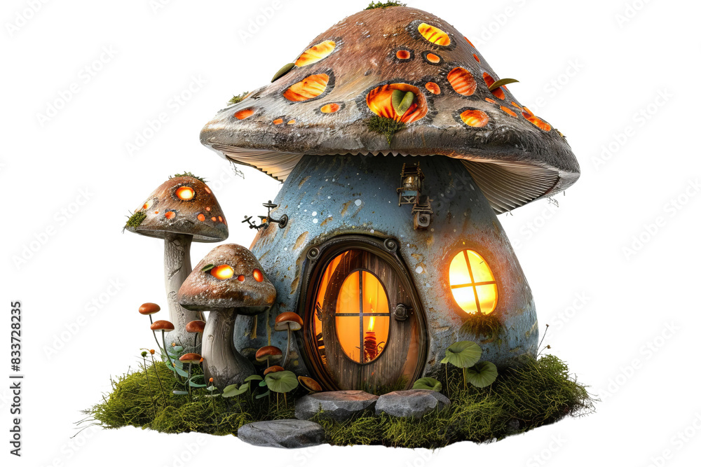 Whimsical mushroom house with glowing windows and detailed textures ...