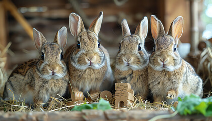 Four cute bunnies sitting in a barn, looking at the camera.