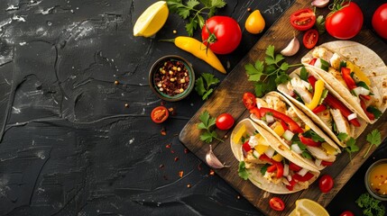 Colorful chicken tacos with fresh vegetables on a rustic board