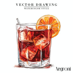 Negroni alcoholic cocktail vector vintage watercolor style