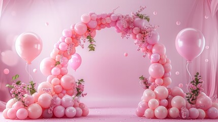 Wall Mural - A pink archway with pink balloons and flowers