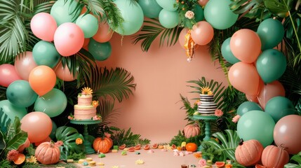 Wall Mural - A tropical themed birthday party with a cake and balloons