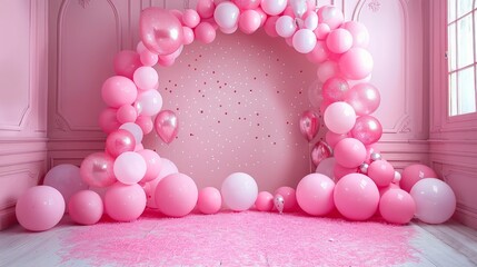 Wall Mural - A pink room with a pink archway and pink balloons