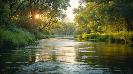 Aufkleber - A river with trees on either side and the sun shining on the water