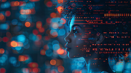 AI cyber security threat illustration, black african american female IT specialist analysing data information technology, augmented reality artificial intelligence collage, side profile, copy space