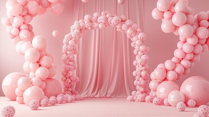 Wall Mural - A pink archway with pink balloons and a pink curtain