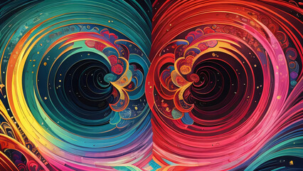 Wall Mural - Two colorful spirals with a black background. The spirals are in the center of the image and are surrounded by a rainbow of colors. 