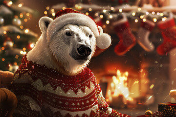 Wall Mural - cute kite bear, polar bear in christmas sweater and christmas hat, with christmas tree in the background and fireplace, digital art, 3d rendering