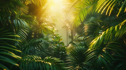 Poster - A lush green jungle with sunlight shining through the leaves