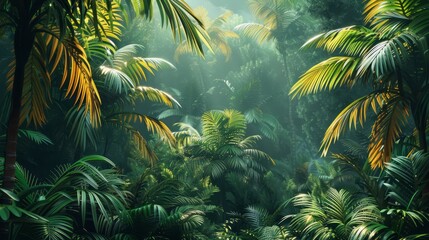 A lush green jungle with tall palm trees