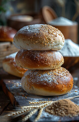 Whole and sliced breads on a Rustic wooden table with slices of sourdough bread and flour against a dark background in warm tones, product photography