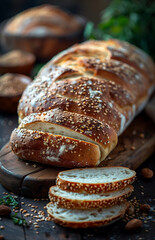 Whole and sliced breads on a Rustic wooden table with slices of sourdough bread and flour against a dark background in warm tones, product photography