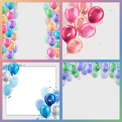 Wall Mural - Template of greeting cards with 3d colorful realistic glossy balloons with confetti ribbons and copy space for invitation or greeting text. Set of square banners for birthday party, sale, holiday