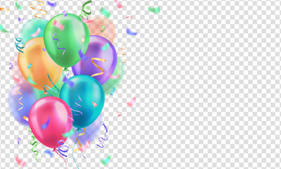 Wall Mural - Wallpaper with 3d colorful realistic glossy balloons and confetti on transparent background with blank space for greeting text. Banner for birthday, celebration party, sale, opening event, holiday