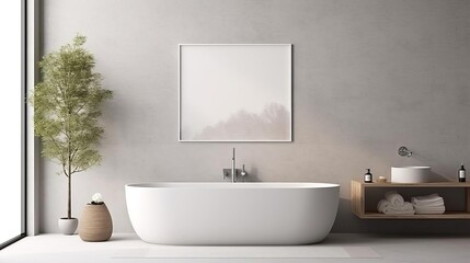 bathroom wall art mockup, contemporary bathroom with a blank frame above the tub