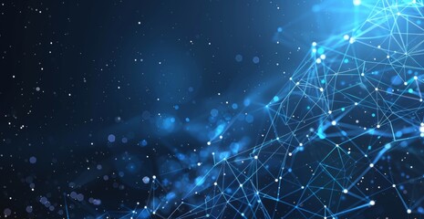 Abstract Digital Background with Dark Blue Glow of Connecting Lines and Stars on the Right Side. Technology Banner Concept for Business Presentation or Corporate Design.