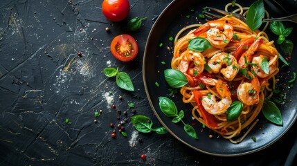 Wall Mural - A plate of shrimp and tomato sauce with basil on top