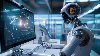 futuristic robot working on a computer at futuristic office