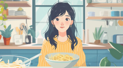 Illustration of a woman with a plate of noodles.