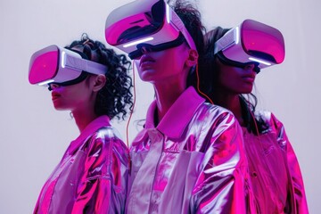 Wall Mural - 3 people wearing virtual reality glasses and a pink jacket