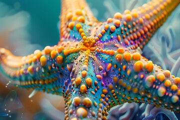 The vibrant, intricate patterns on a starfish underwater