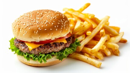 appetizing cheeseburger with golden french fries fast food meal isolated on white