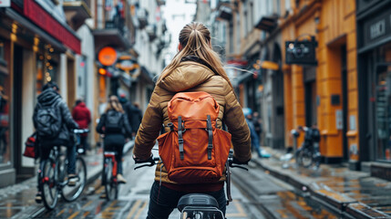 Young Woman Riding Bicycle Through Urban Street on a Rainy Day