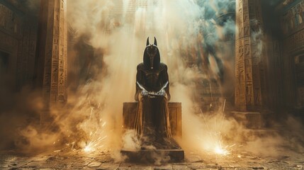 Wall Mural - Dark abstract Egyptian background with smoke, lights sparking, rays of light, and Anubis, the God of Death.