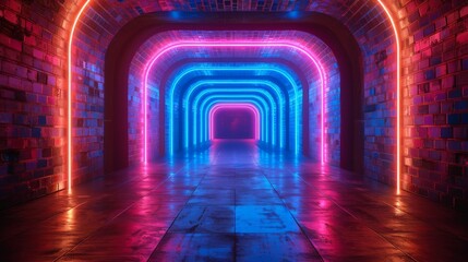 Wall Mural - Tunnel, corridor with rays of blue and pink light and neon highlights. Dark room filled with rays and lines. Brick walls, concrete floor. Night vision.