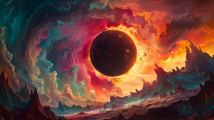 Abstract Solar Eclipses, Artistic representations of solar eclipses with surreal elements and vibrant colors