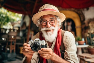 Joyful Senior Man with Camera and Hat