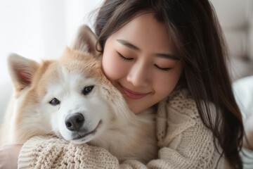 Portrait of a happy young woman hugging cute dog in bedroom, happy and smiling face with closed eyes, wearing a beige knitted sweater