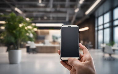 Wall Mural - Blank smartphone screen held by a person with a modern office background, bright natural lighting, tech usage template