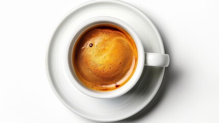 freshly brewed espresso coffee with crema in white cup and saucer top view isolated on white food photography