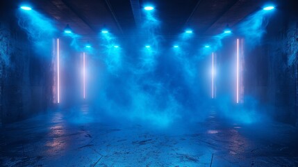 Wall Mural - A dark night scene with spotlights, neon blue lights, a concrete floor, smoke, smog.