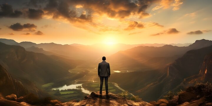 Triumphant Businessman Standing on a Mountain Top at Sunset. Concept Success, Achievement, Motivation, Nature, Leadership
