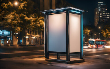 Wall Mural - Blank white vertical digital billboard poster on city street bus stop sign at night