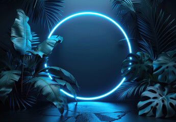 Wall Mural - 3d rendering of blue neon circle frame with tropical leaves on dark background. Neon light ring in jungle for banner, flyer and poster design