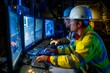 © Maxim Borbut - Two engineers follow assembly process using SCADA system that uses AI technology and UI on modern factory. A group of operators control the process on a product line using industry 4.0 and digital