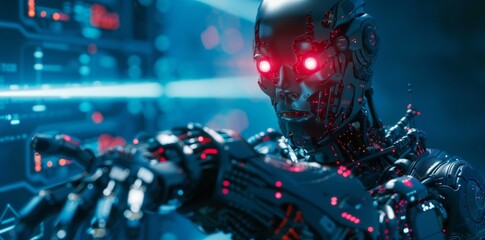 Robot android pointing finger computer coding AI chatbot background. Futuristic future digital technology artificial intelligence automated. Computer programming knowledge concept.