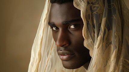 Wall Mural - A close-up portrait of a Black male model wearing a white sheer scarf