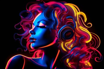 Wall Mural - Vibrant neon light art of a woman with a stylish and modern look on a dark background