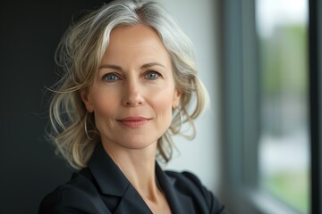 woman with blonde hair and blue eyes looking with a serious look on her face