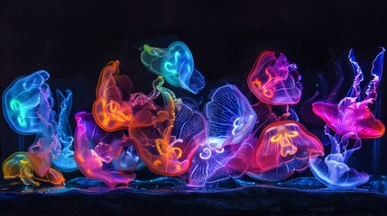 Wall Mural - A group of jellyfish illuminated by underwater lights, creating a stunning display of colors and shapes.